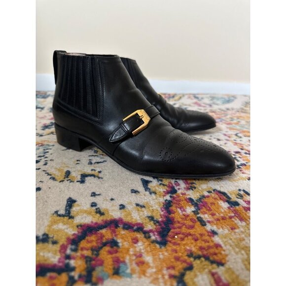 Gucci Brogue Leather Side Gore Chelsea Ankle Boot Womens Sz 39 US 9 Gold Buckle